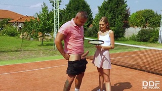Babe in arms in tennis uniform Tiffany Tatum blows beamy cock increased by gets fucked outdoor